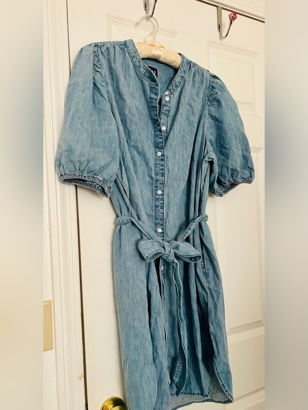 GAP Light Blue Chambray Denim Button Down Midi Dress with Puff Sleeves